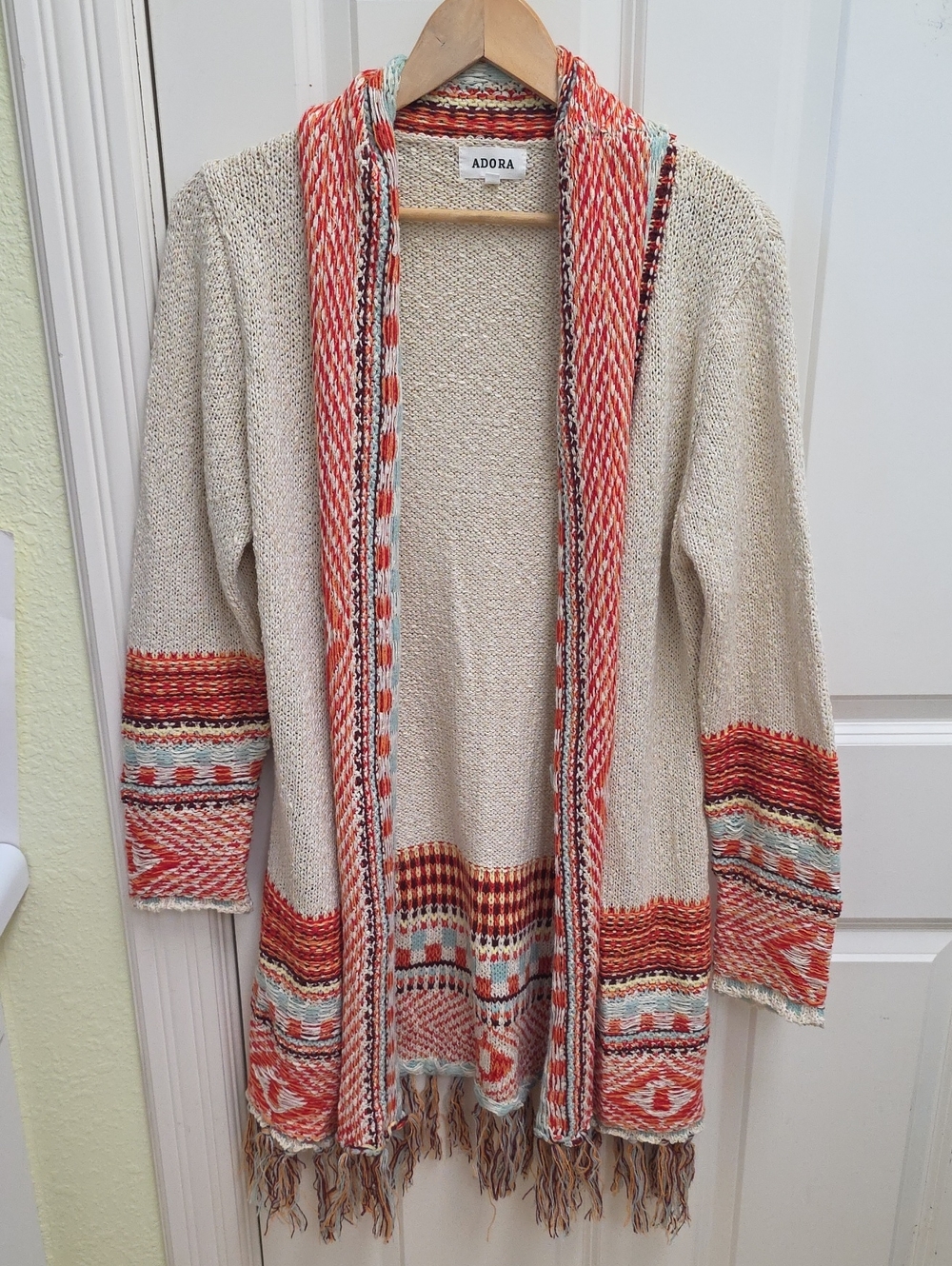 ADORA Cream Open-Front Cardigan with Coral and Light Blue Trim